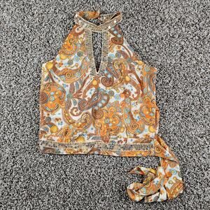 Vtg Y2K XOXO Womens Sz M Bandana Style Halter Top Orange Paisley Print